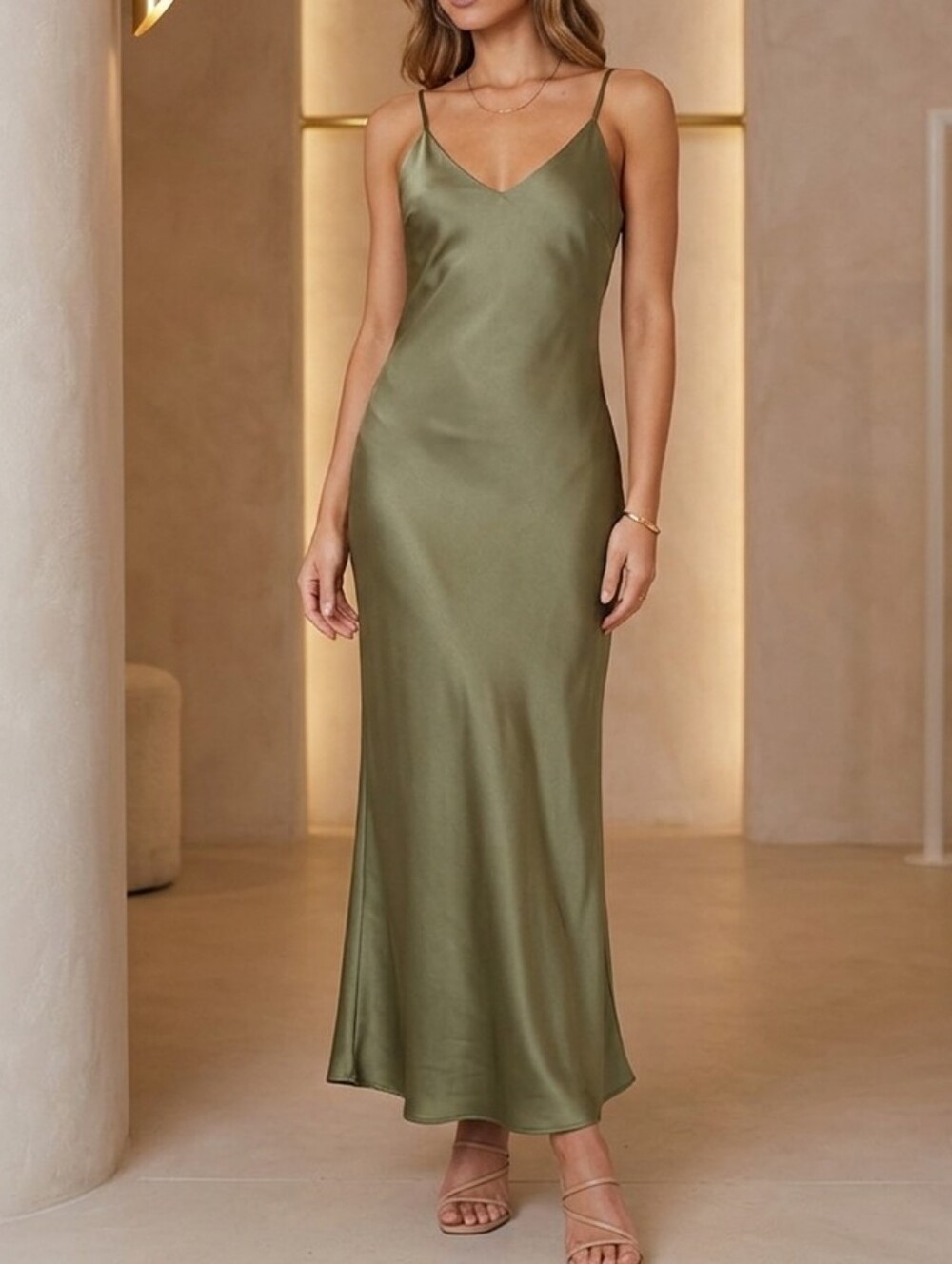 Gianni Bini Midi Slip Dress Olive Green Satin Size 2 XS V-Neck Spaghetti Straps